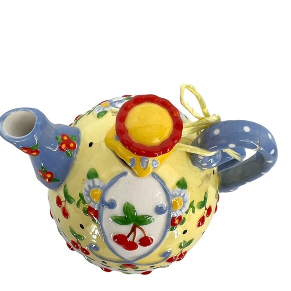 Mary Engelbreit Ceramic Cherry Teapot Tea for One Yellow Blue Rare - Picture 7 of 15